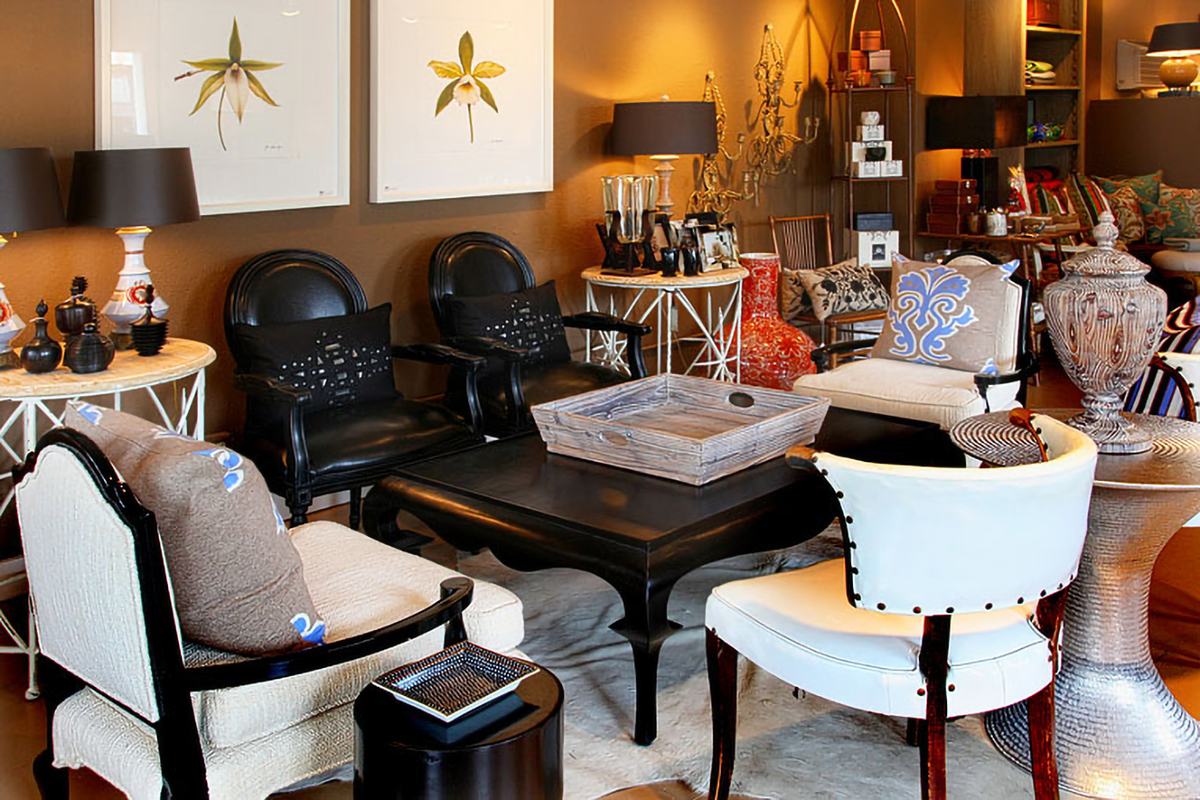 A grouping of chairs and side tables in the Bellevue showroom.
